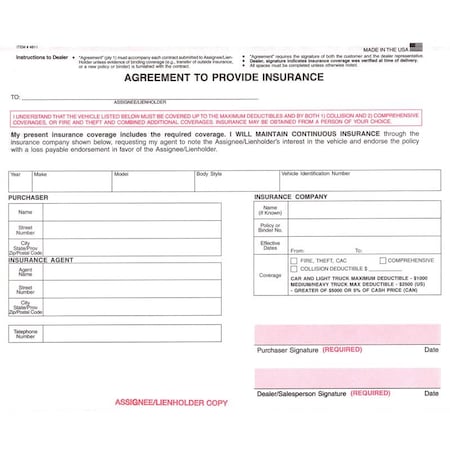 Asp Agreement To Provide Insurance, 8 1/2" X 7" - 3 Part, 100 Per Pack Pk 4811